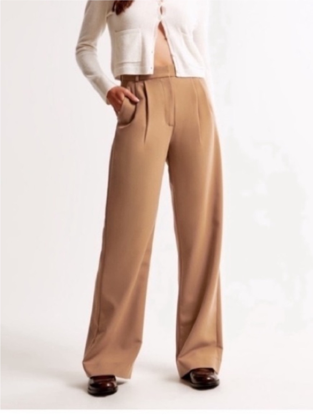 Abercrombie & Fitch Curve Sloane High Rise Pleated Wide Leg Trouser Pant Tan 23S
